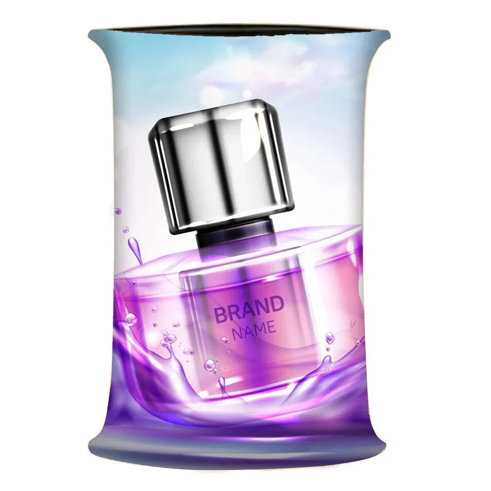 Custom printed promotional banner featuring a purple perfume bottle design.