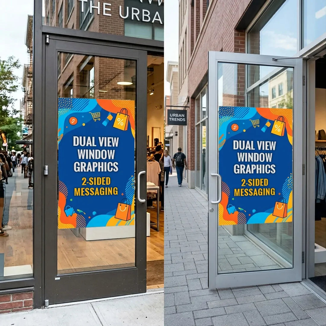 Two examples of colorful dual view window graphics with 2-sided messaging on glass doors.