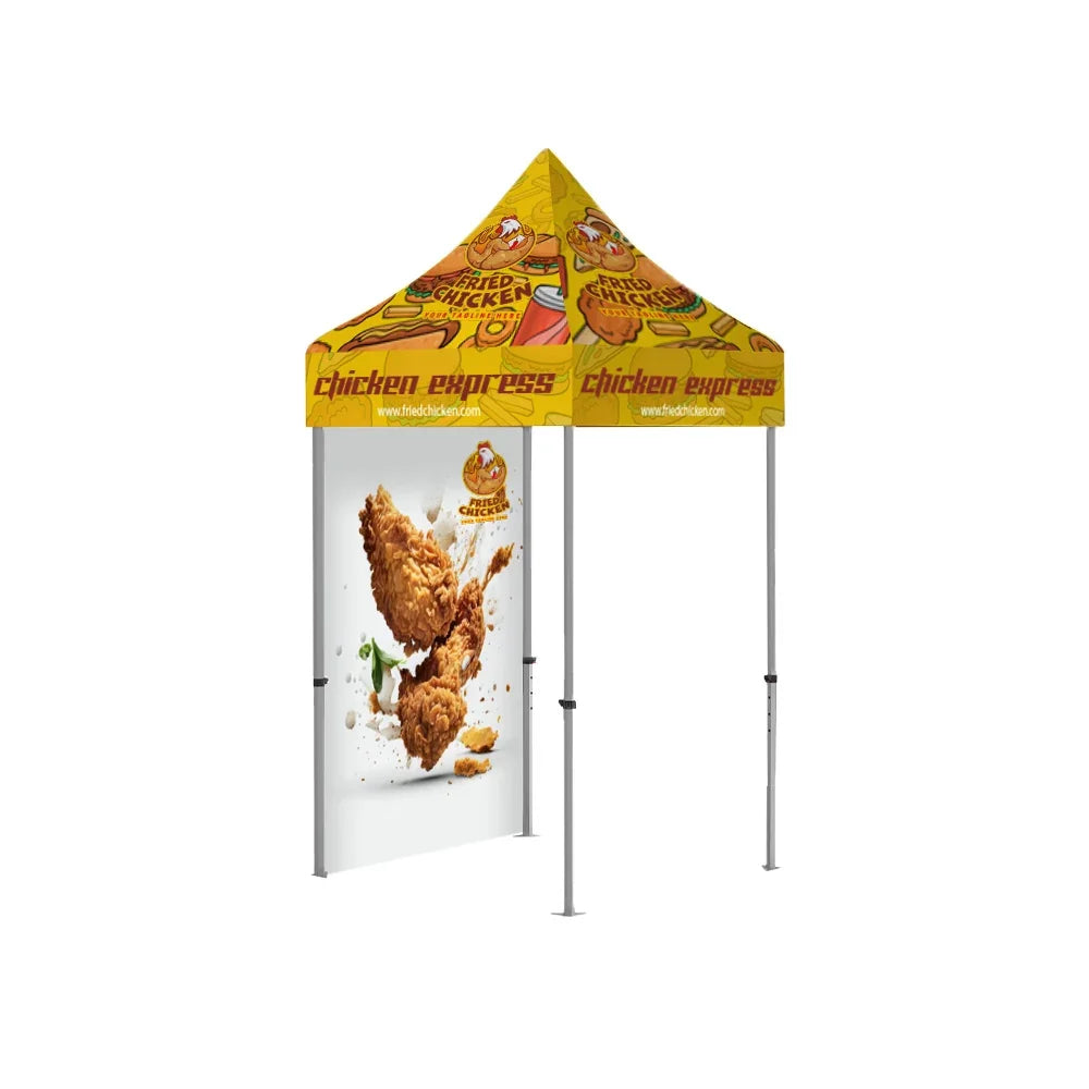 Custom yellow Chicken Express promotional canopy tent with a branded side wall banner
