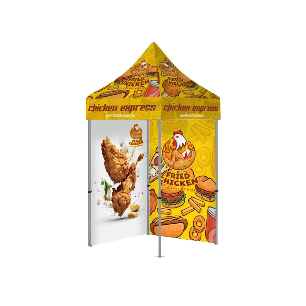 Custom printed yellow canopy tent for Chicken Express with fried chicken graphics