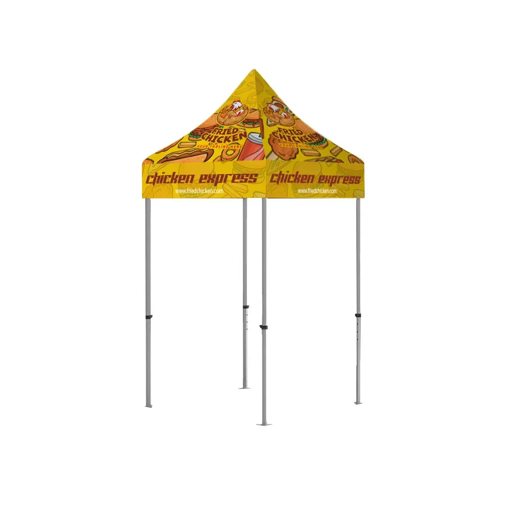 Custom yellow pop-up canopy tent featuring Chicken Express branding and graphics
