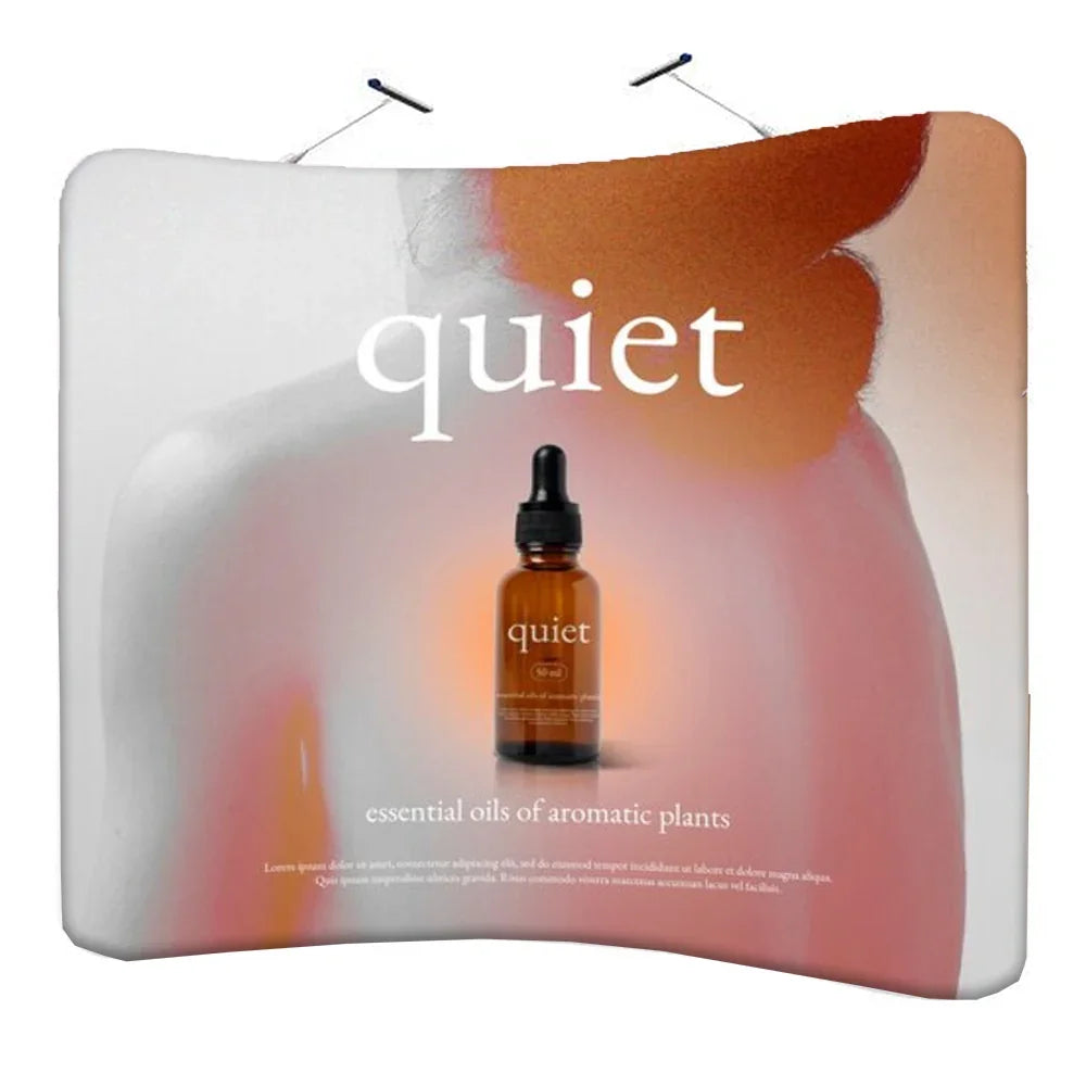 Custom curved banner featuring a 'quiet' brand essential oil bottle on an abstract background