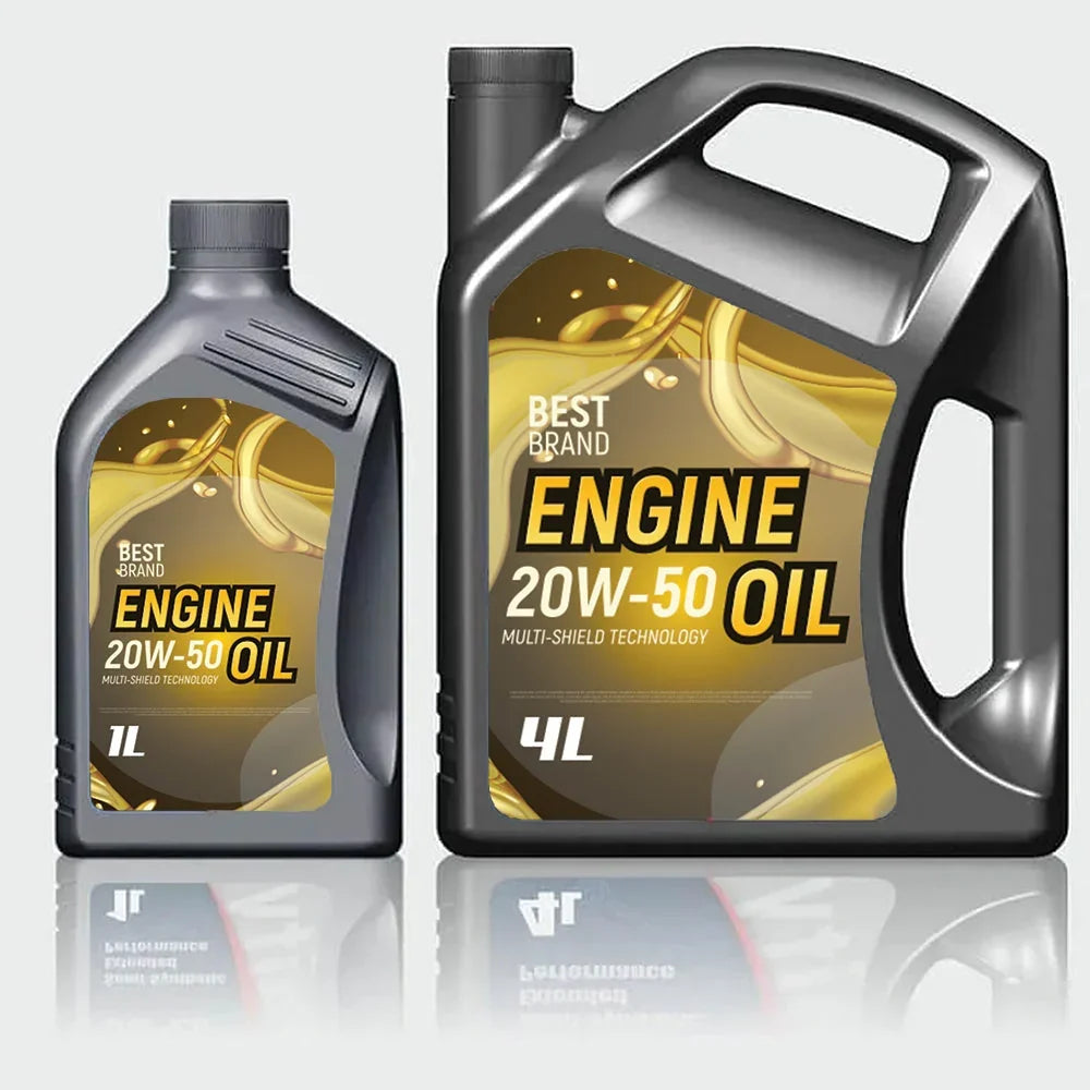 Two plastic jugs of 20W-50 engine oil in 1L and 4L sizes.