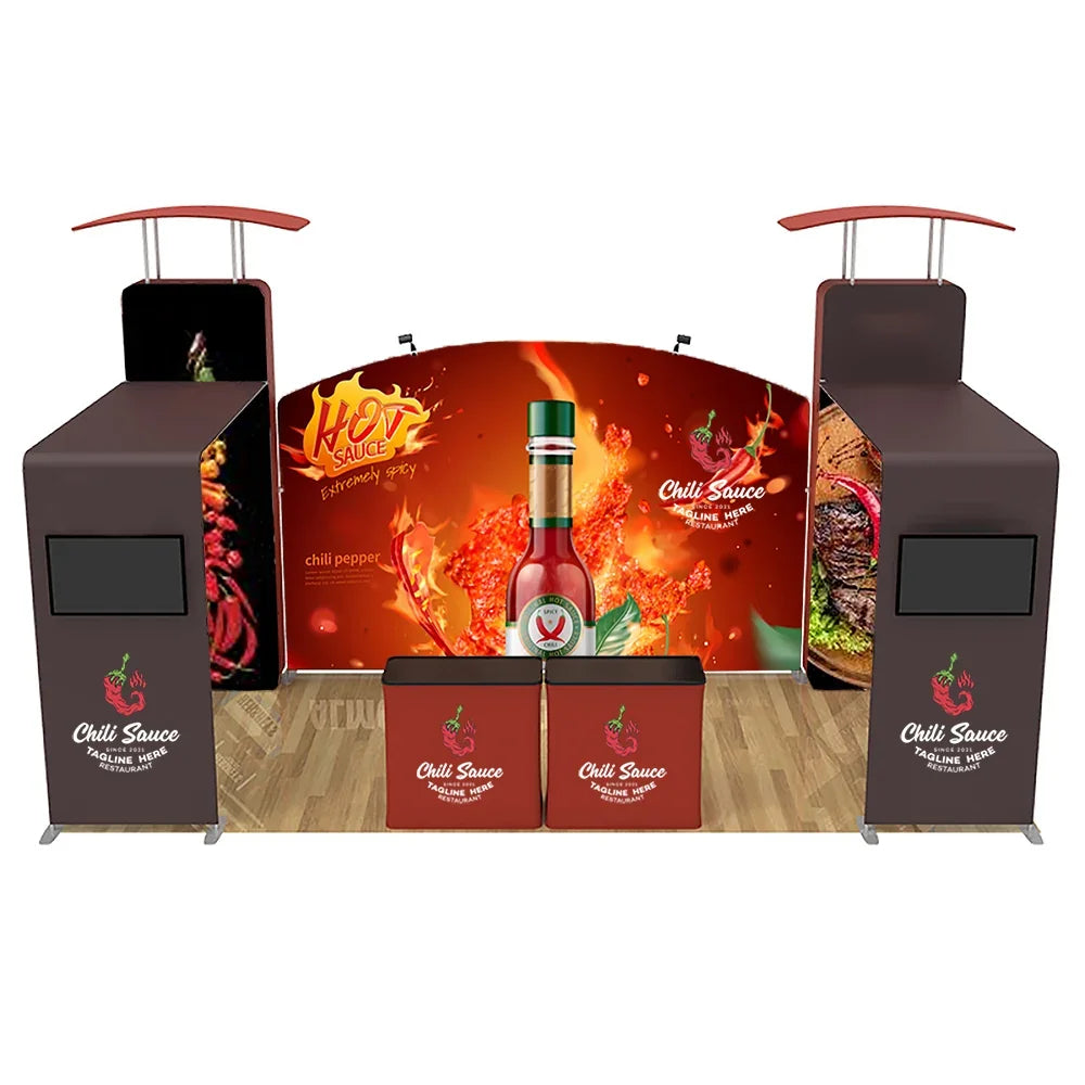 Custom branded trade show display with chili sauce themed backdrop, podiums, and counters.