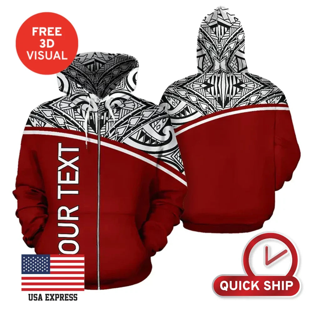Custom red and white zip-up hoodie with tribal patterns and personalized text.