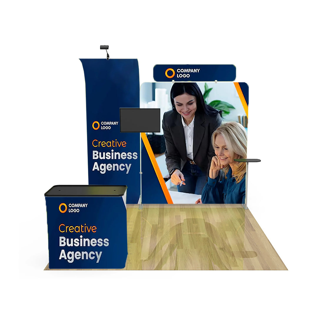 Custom branded trade show booth display with backdrop and promotional counter