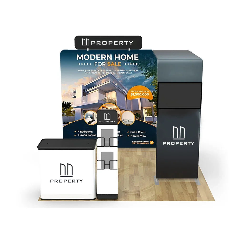 Custom property marketing display set with a backdrop banner and branded podiums.