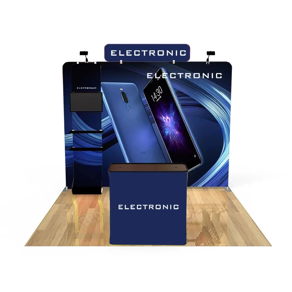 Custom electronic trade show booth with backdrop, banner, and branded counter