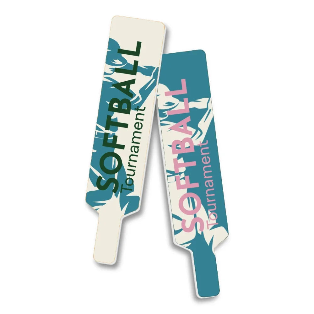 Two custom softball tournament shaped stickers with athletic graphics.
