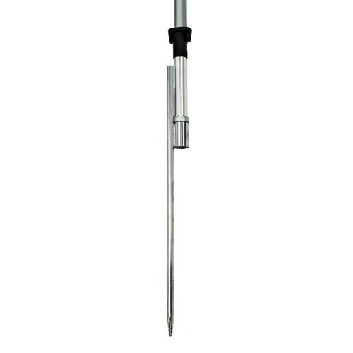 Close-up of a chrome adjustable metal flag pole section with a pointed ground spike.