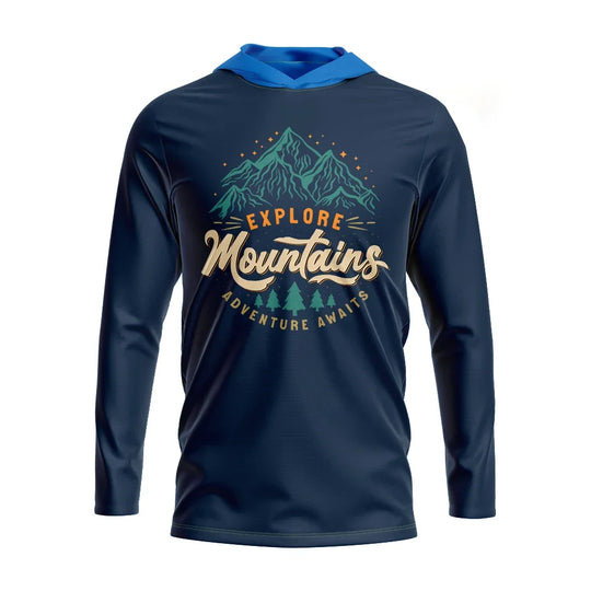 Navy blue long sleeve hooded shirt with a mountain adventure graphic print