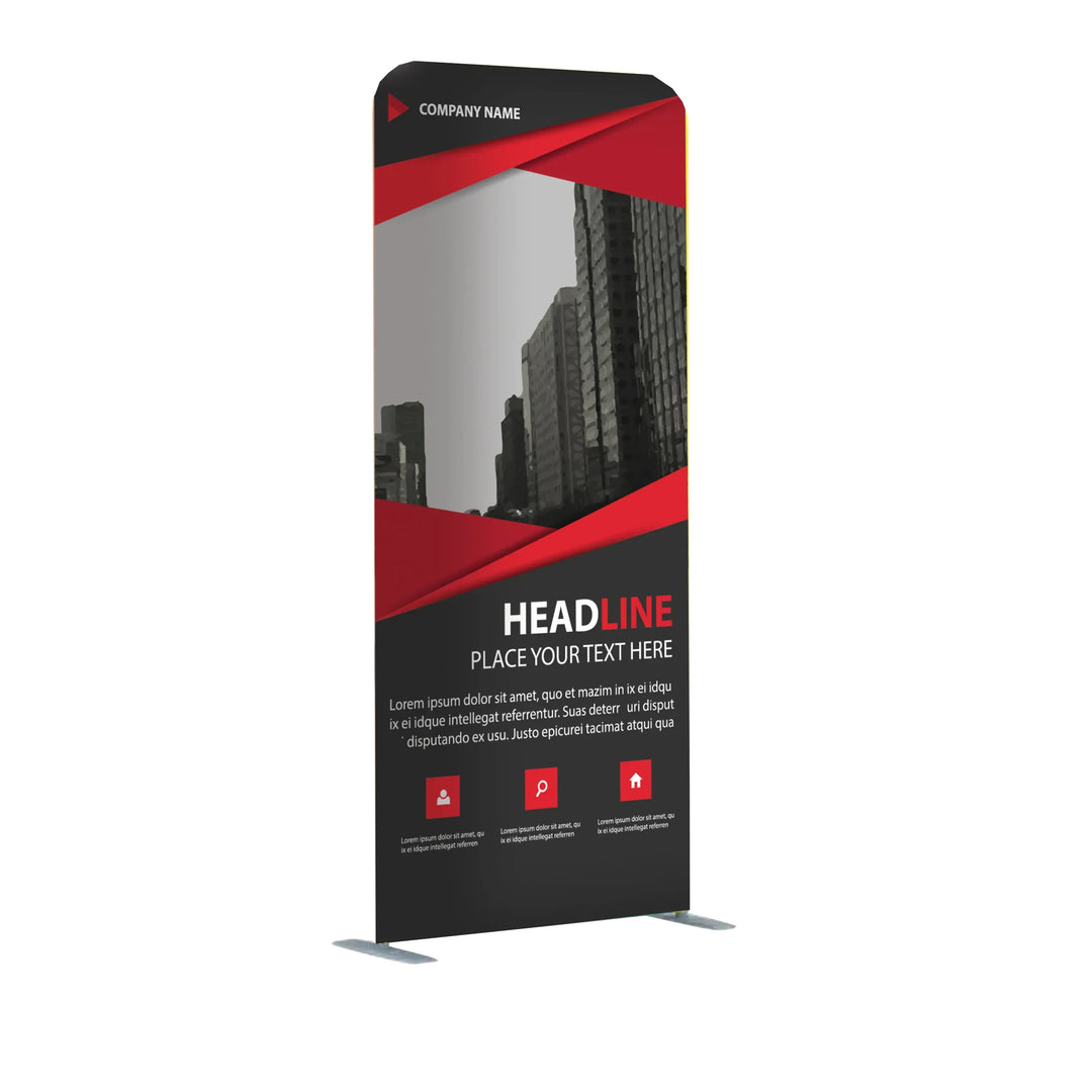 Custom red and black retractable roll-up banner stand with city image and text placeholders.