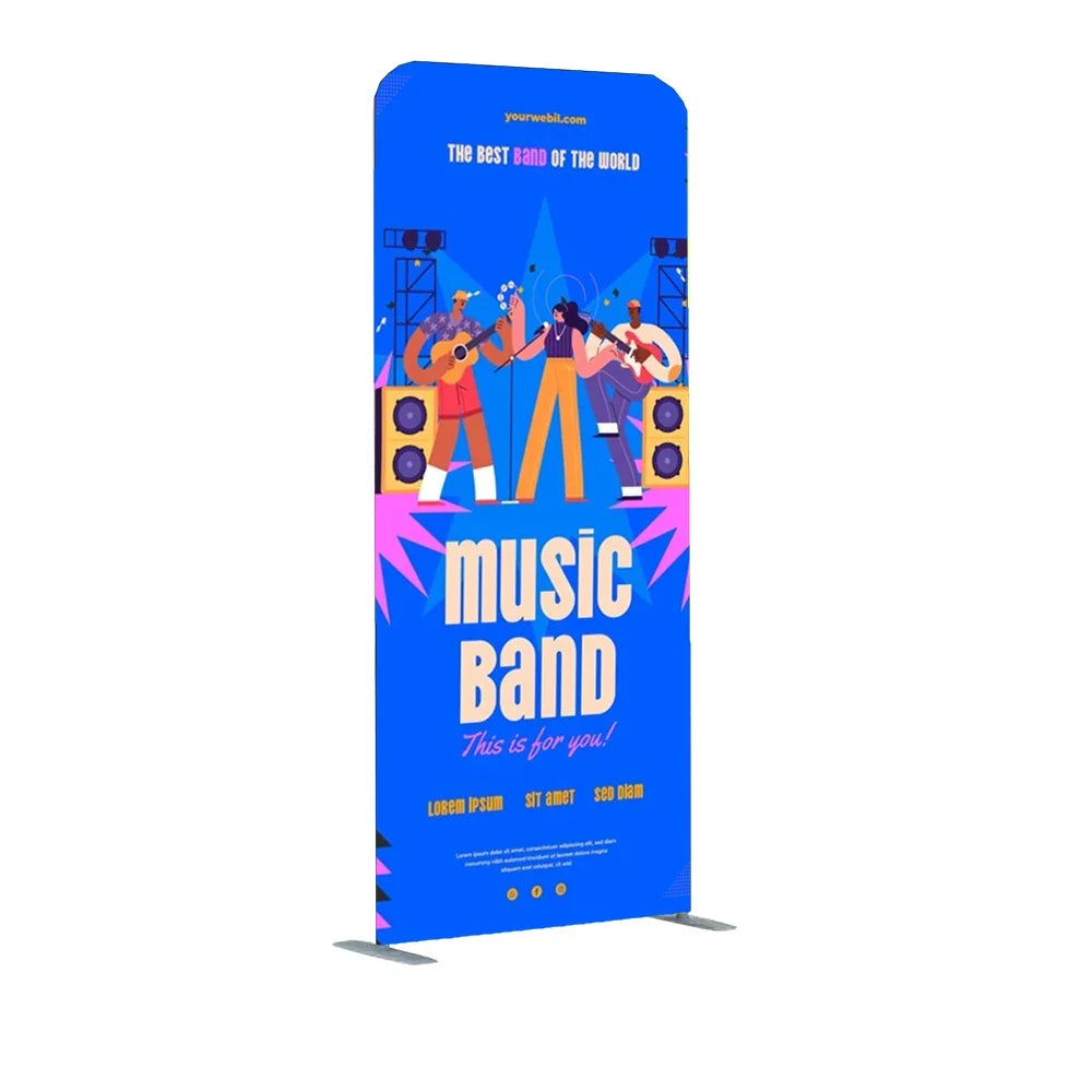 Custom vertical retractable banner featuring a music band illustration