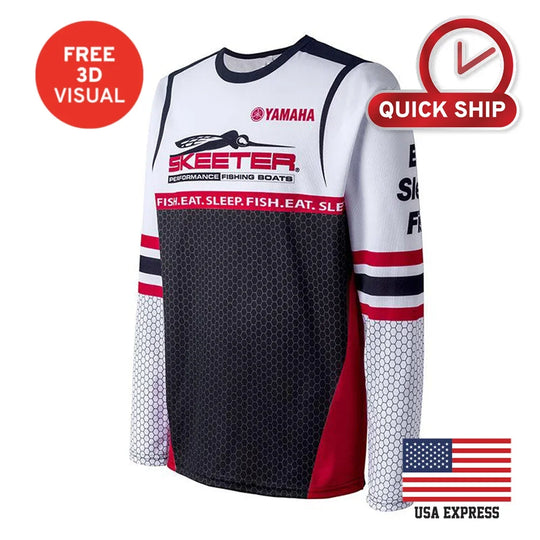 Custom long sleeve fishing jersey with Skeeter and Yamaha logos in red, white, and black.