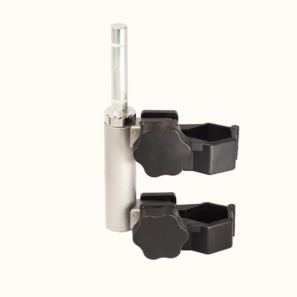 Adjustable metal mounting bracket with two black locking knobs
