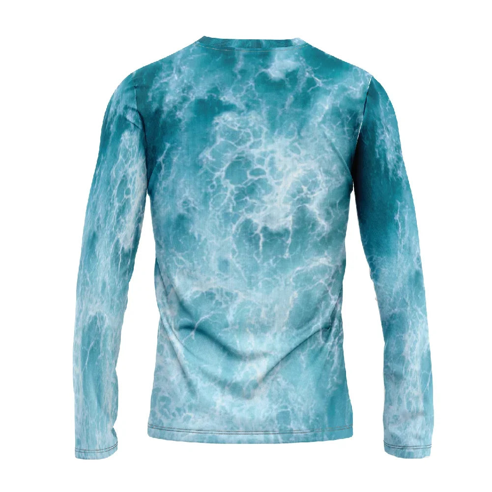 Back view of a long-sleeve apparel shirt with a blue and white marble print design.