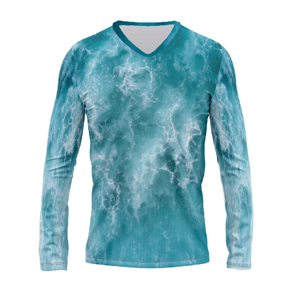 Long-sleeve V-neck shirt with a blue and white marble pattern