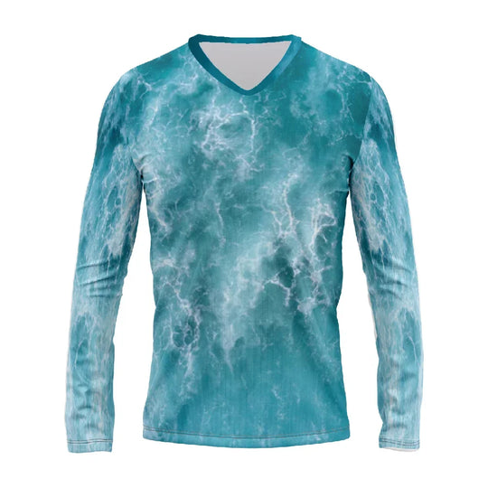 Long-sleeve V-neck shirt with a blue and white marble pattern