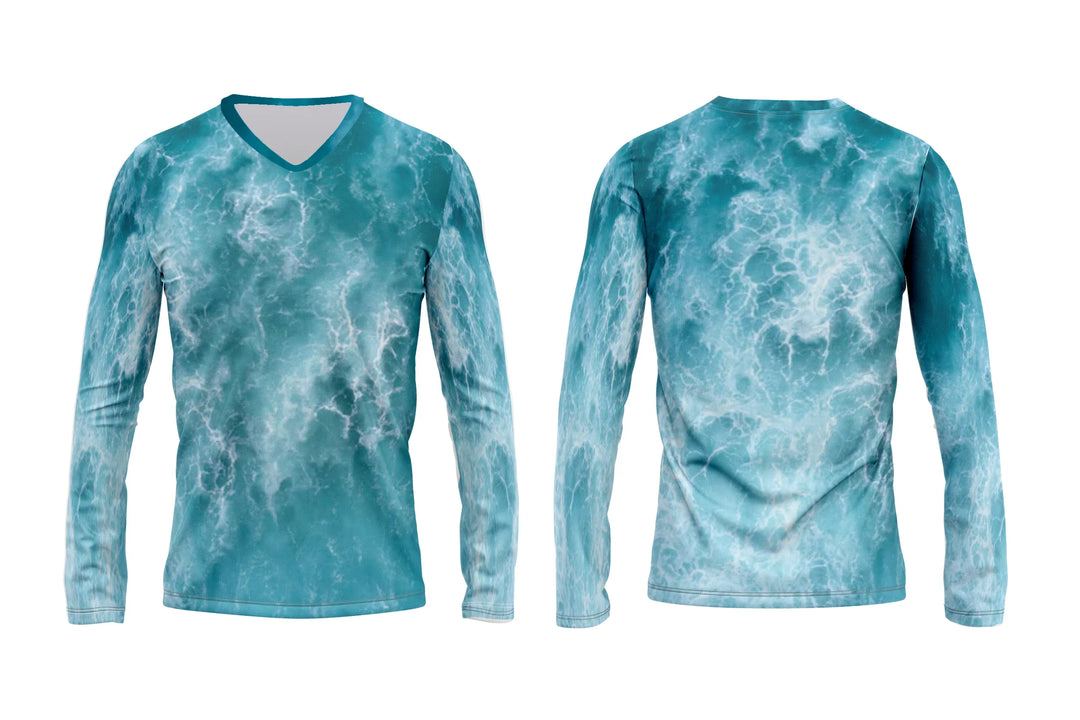 Front and back view of a long sleeve v-neck shirt with a blue marble print.