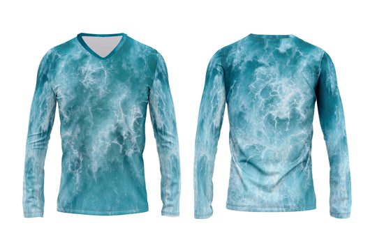 Front and back view of a long sleeve v-neck shirt with a blue marble print.