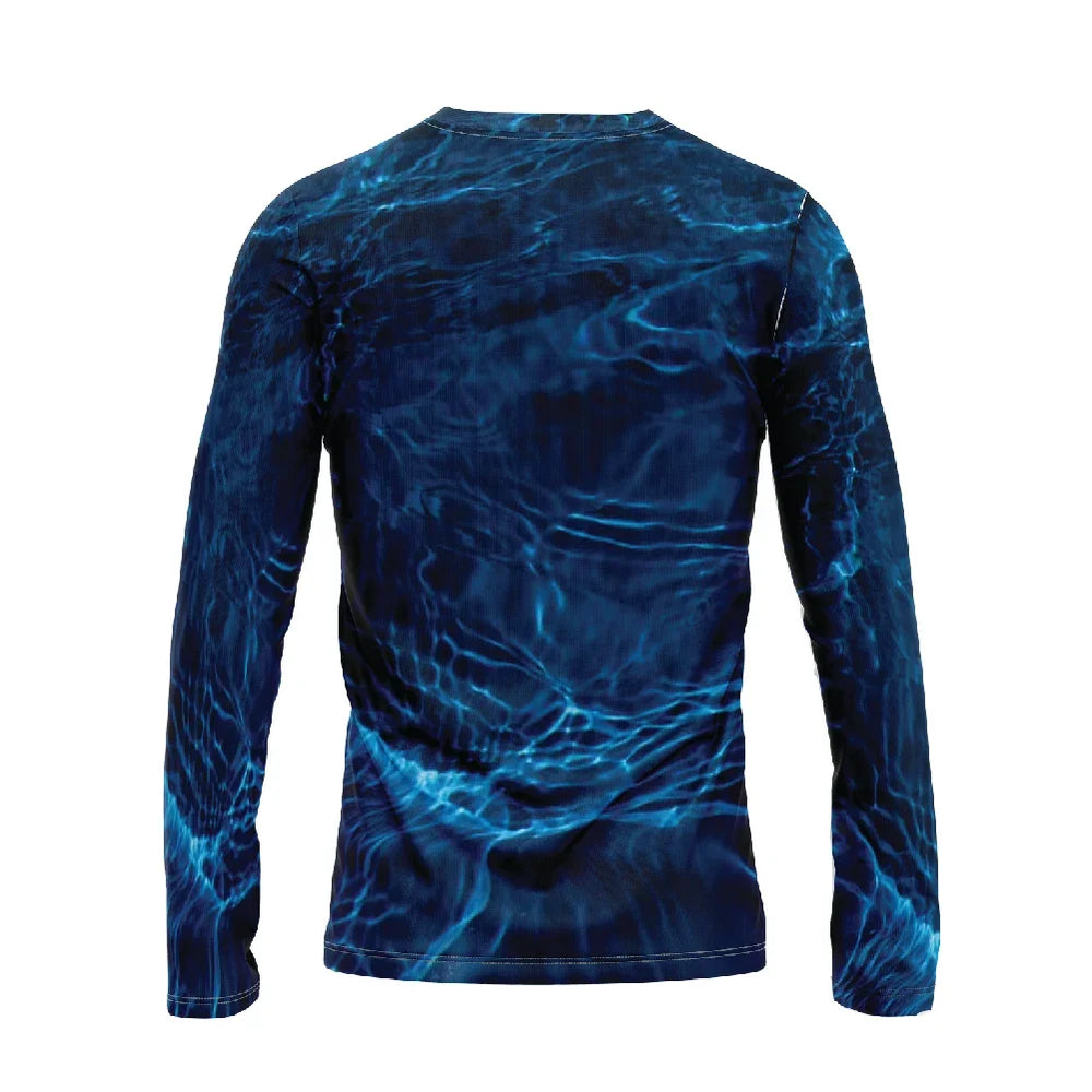 Back view of a long-sleeve apparel shirt with a blue water ripple pattern