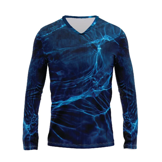 Men's long sleeve V-neck shirt with blue abstract water ripple pattern