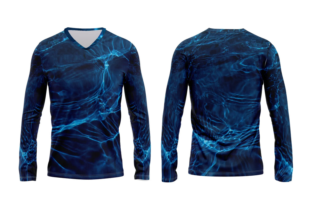 Front and back view of a long sleeve V-neck shirt with a blue water ripple pattern.