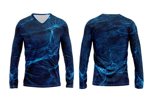 Front and back view of a long sleeve V-neck shirt with a blue water ripple pattern.
