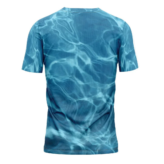 Back view of a blue t-shirt featuring a realistic water ripple print pattern