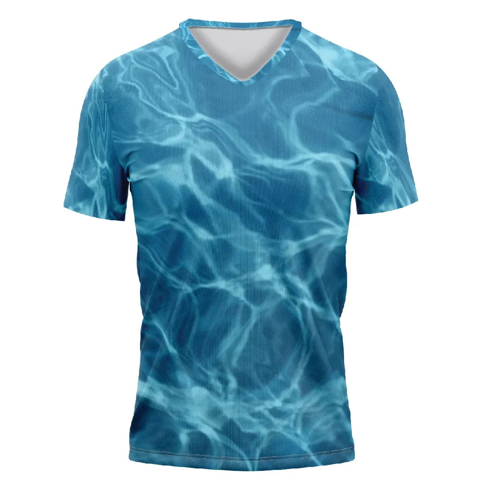 V-neck short sleeve t-shirt with a blue water ripple pattern print