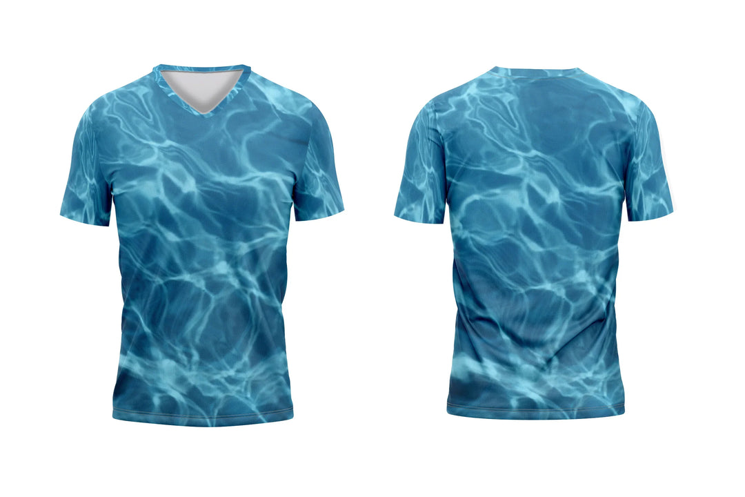 Front and back views of a custom V-neck t-shirt with a blue water ripple pattern.
