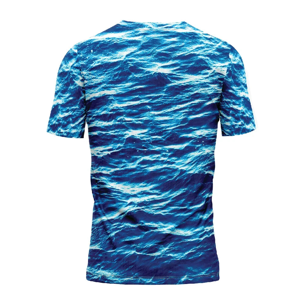 Short-sleeve apparel featuring a blue ocean wave print
