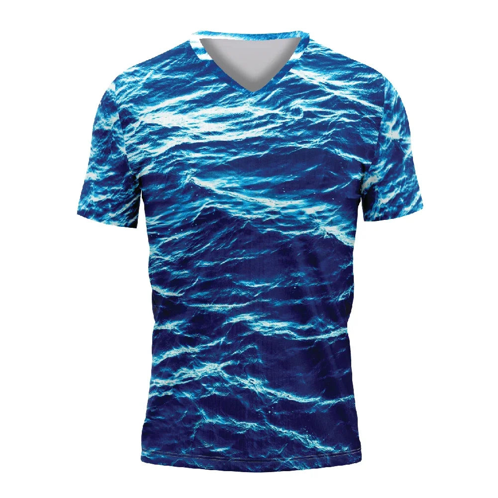 V-neck short sleeve t-shirt with a blue ocean wave print.