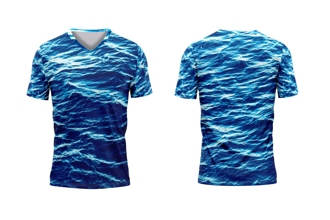 Front and back views of a custom V-neck t-shirt with a blue ocean wave pattern.