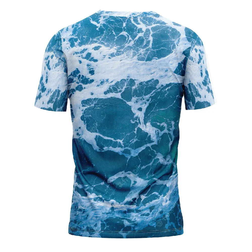 Back view of a short-sleeved t-shirt featuring an all-over print of blue ocean waves and white foam.