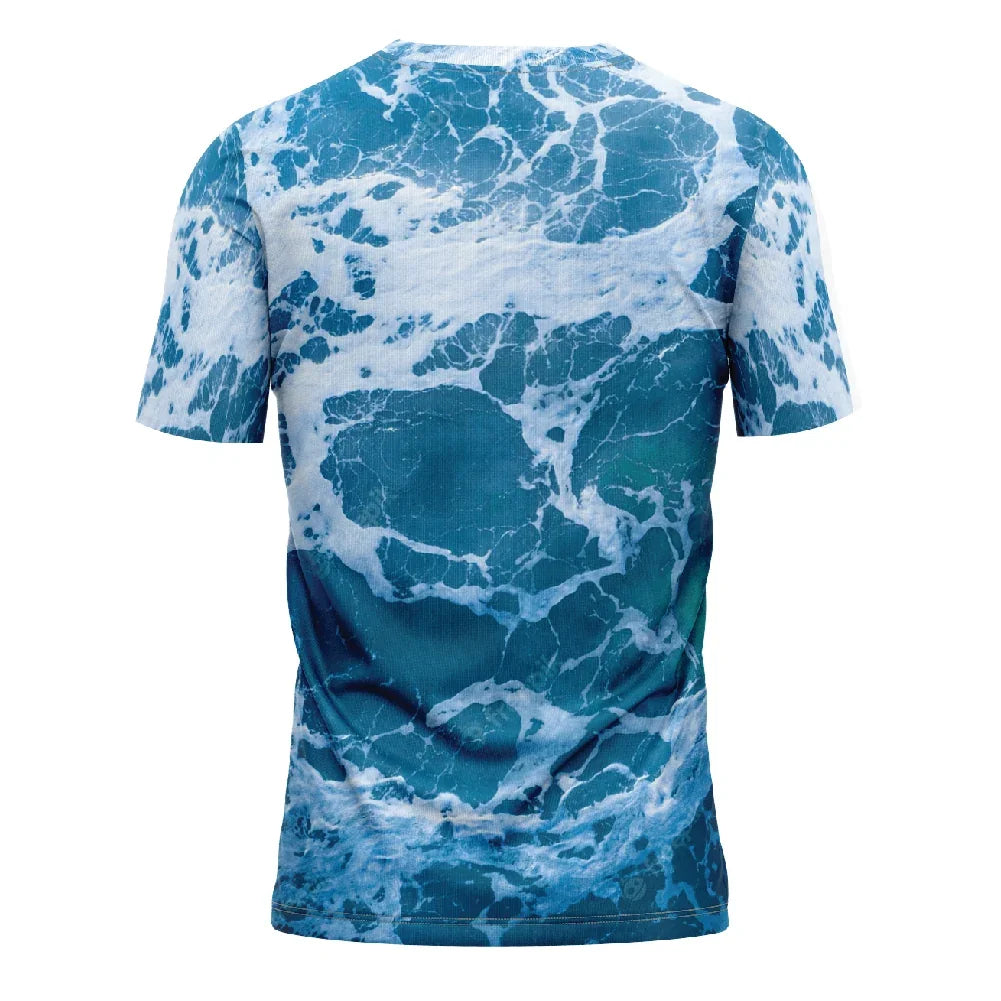 Back view of a short-sleeved t-shirt featuring an all-over print of blue ocean waves and white foam.