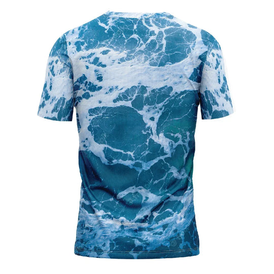 Back view of a short-sleeved t-shirt featuring an all-over print of blue ocean waves and white foam.