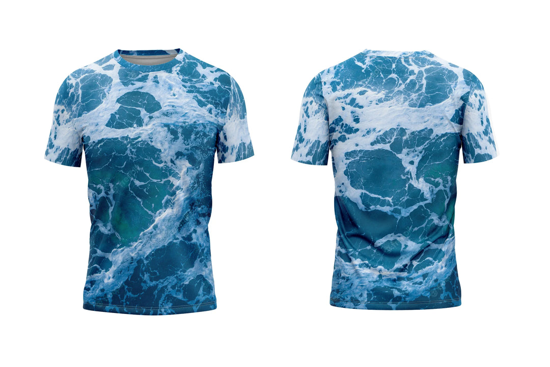 Front and back views of a custom t-shirt featuring an all-over blue ocean wave print.
