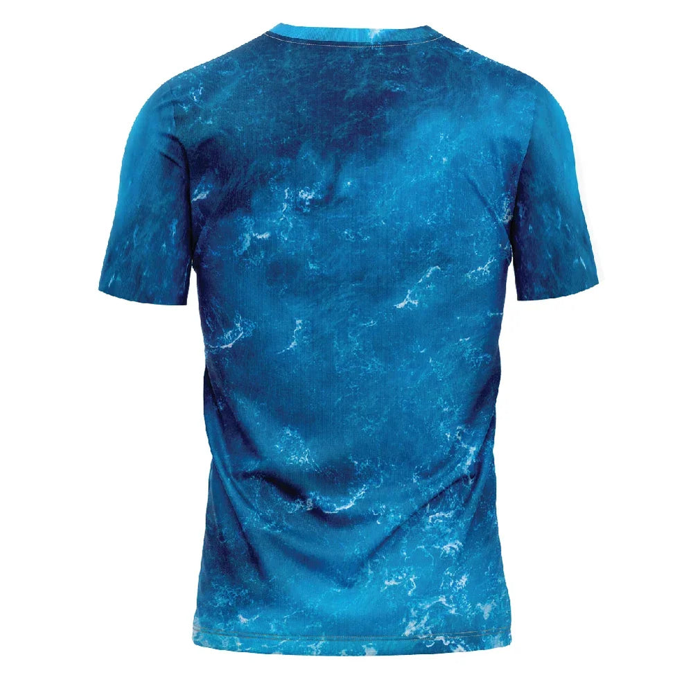 Back view of a short-sleeved t-shirt with a blue ocean wave print