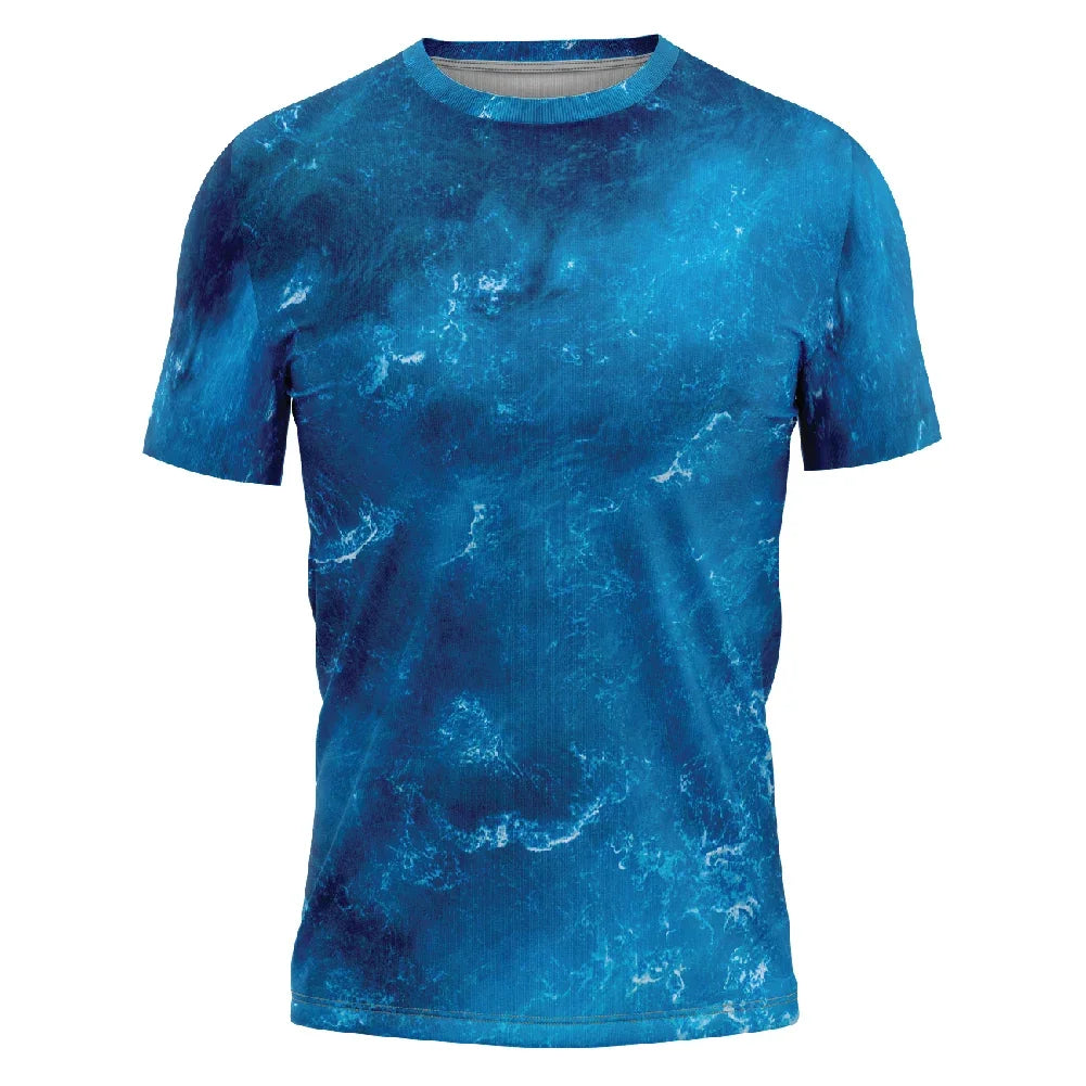Blue custom printed t-shirt with an abstract ocean wave pattern