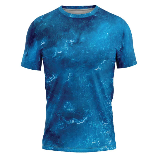 Blue custom printed t-shirt with an abstract ocean wave pattern