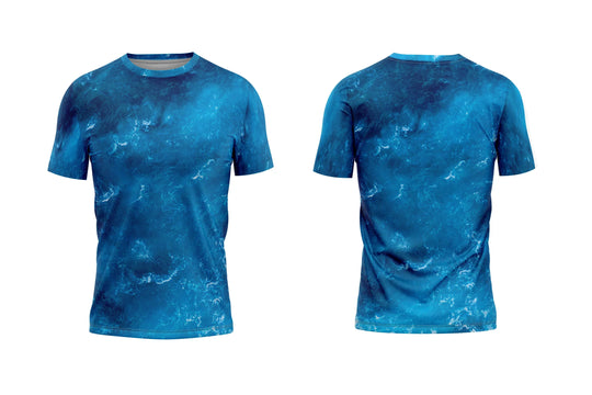 Front and back views of a blue marble pattern custom printed t-shirt.