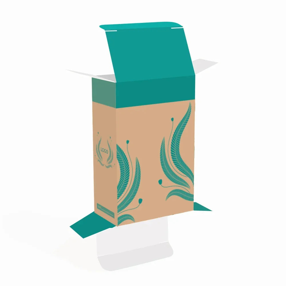 Custom printed cardboard packaging box with teal accents and floral leaf designs