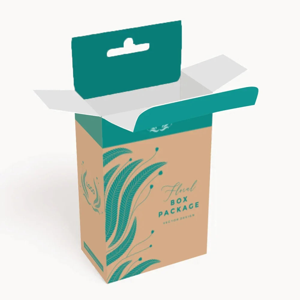 Custom floral design packaging box with teal and tan accents