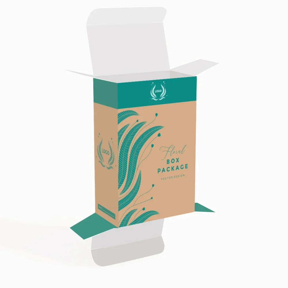 Custom floral design cardboard box packaging with teal accents