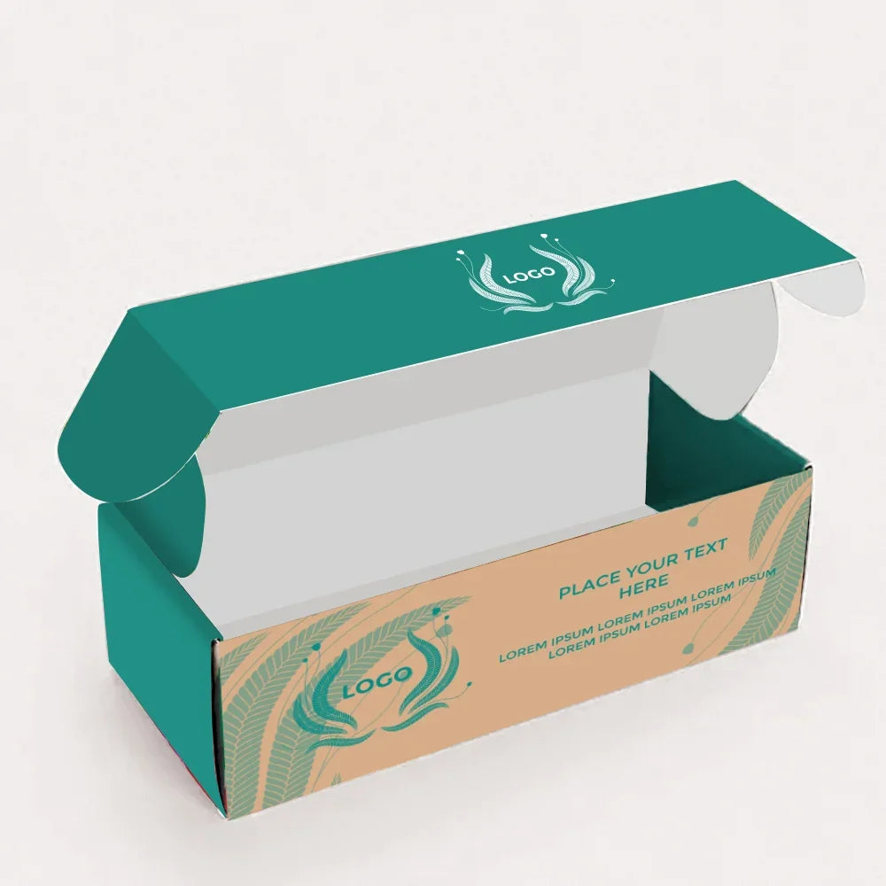 Custom printed teal and tan product packaging box with logo placeholders
