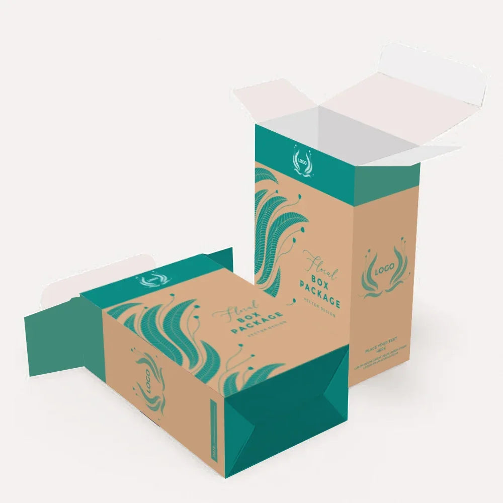 Custom printed floral design packaging boxes in teal and tan.