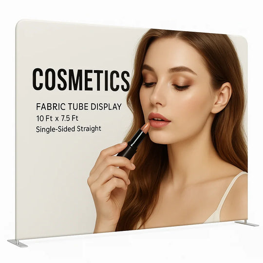 Single-sided straight fabric tube display banner featuring cosmetics advertisement