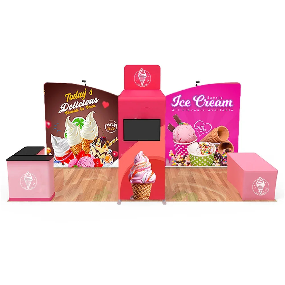 Custom pink ice cream themed trade show display booth with banners and counters
