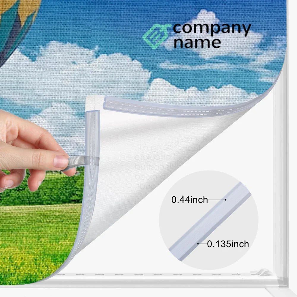 Close-up of a custom banner showing the reinforced hem and pole pocket dimensions.